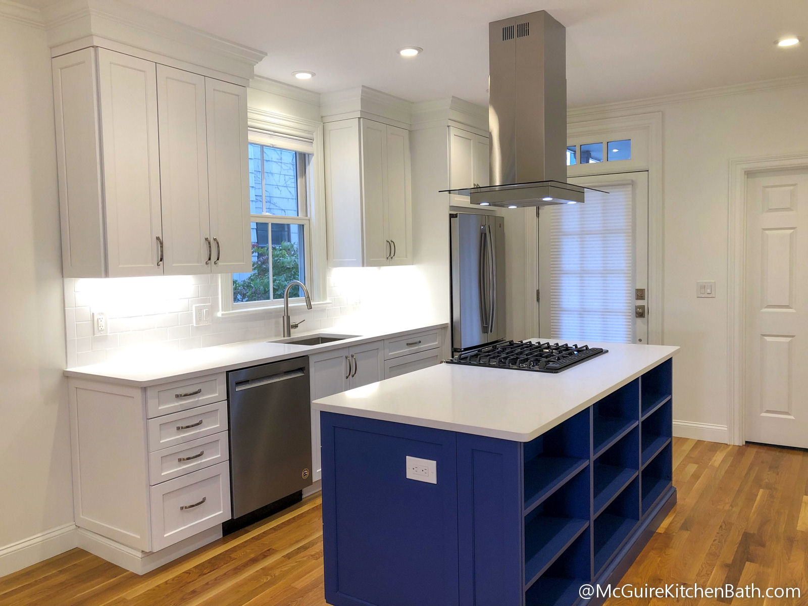 Cambridge Condo Remodel - White Kitchen Cabinets with Blue Island