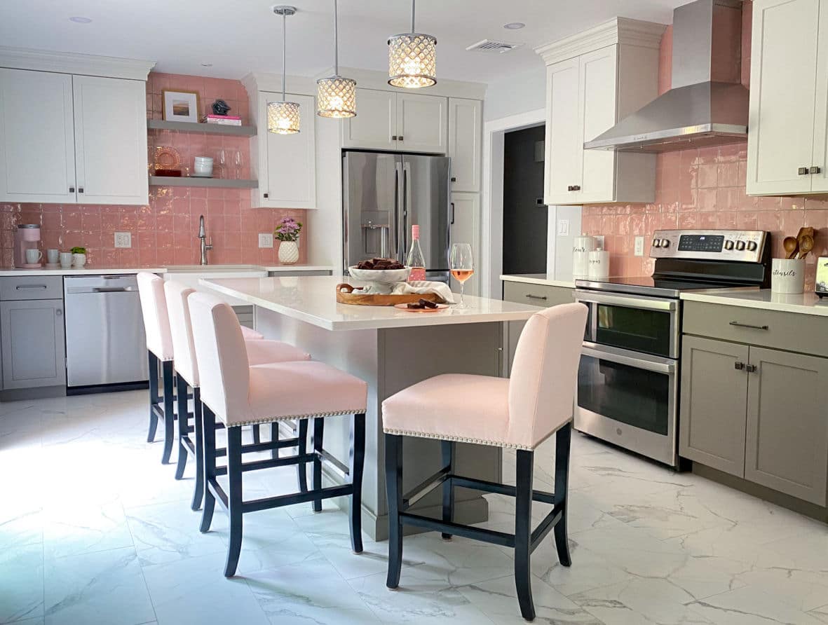 Pink Tile Backsplash Kitchen Remodel with Grey and White Cabinets