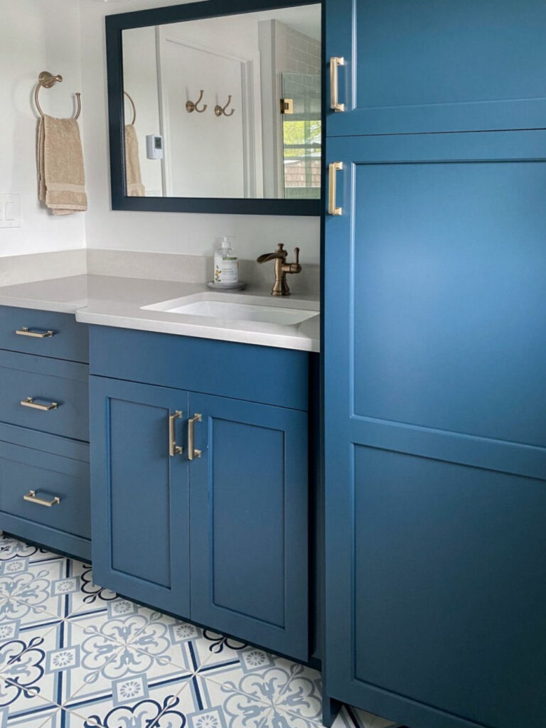 Saugus Bathroom Remodel with Blue Vanity and Cabinets