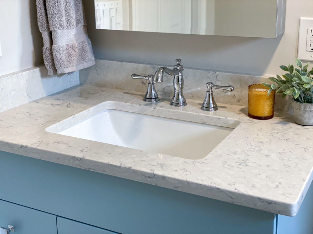 Saugus Bathroom Remodel with Light Blue Vanity and Quartz Countertop