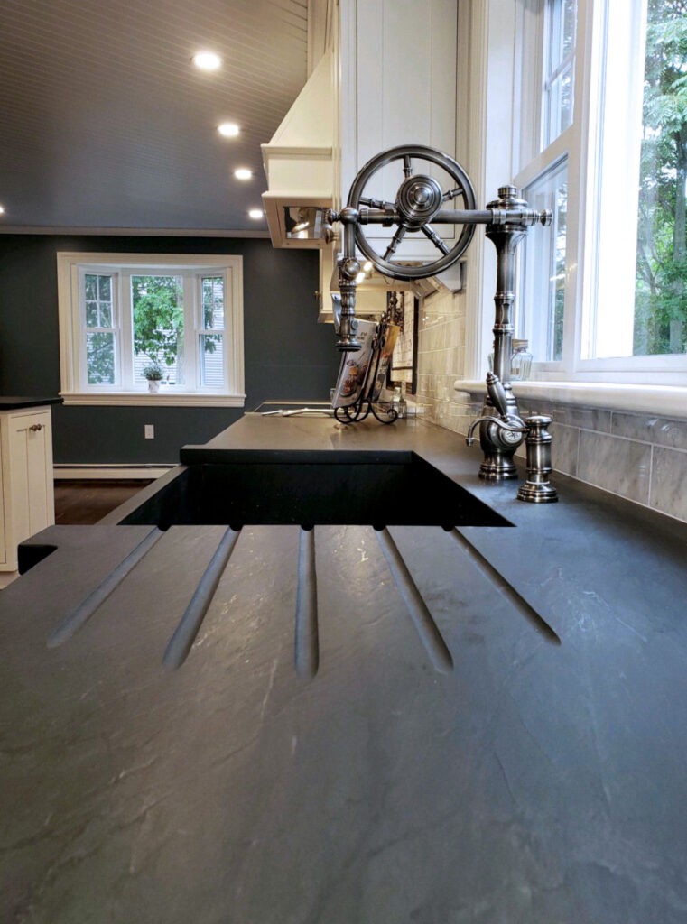 Modern Farmhouse Kitchen Soapstone Countertop and Sink with Wheel Faucet