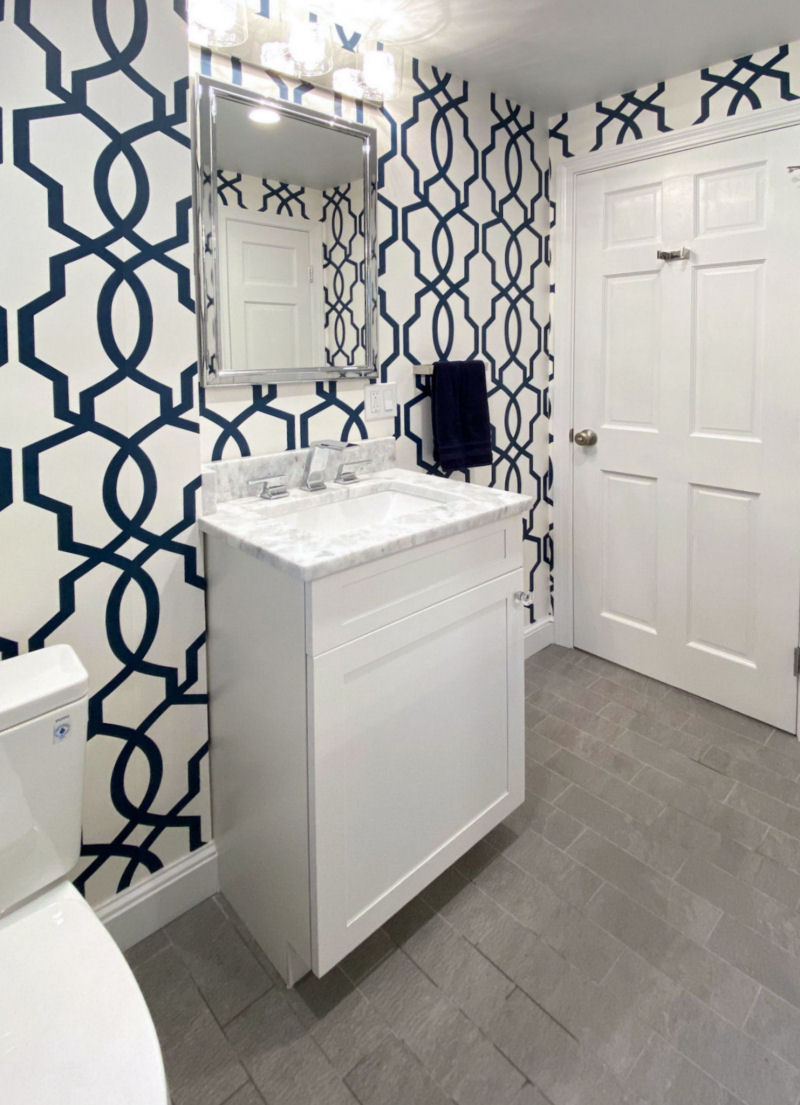 Navy Blue and White Powder Room with Trellis Wallpaper