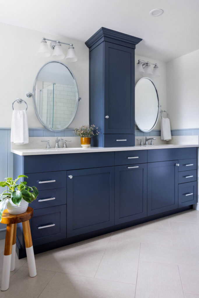 Stoneham bathroom design remodel with blue vanity