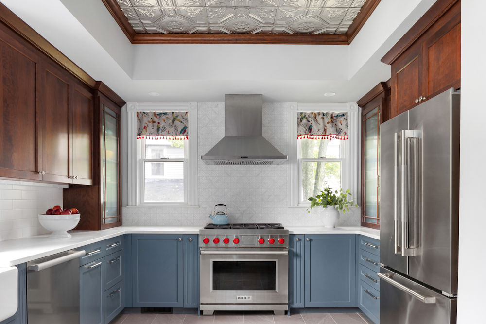 Victorian Kitchen Remodel in Melrose MA Blue Cabinets Tin Ceiling