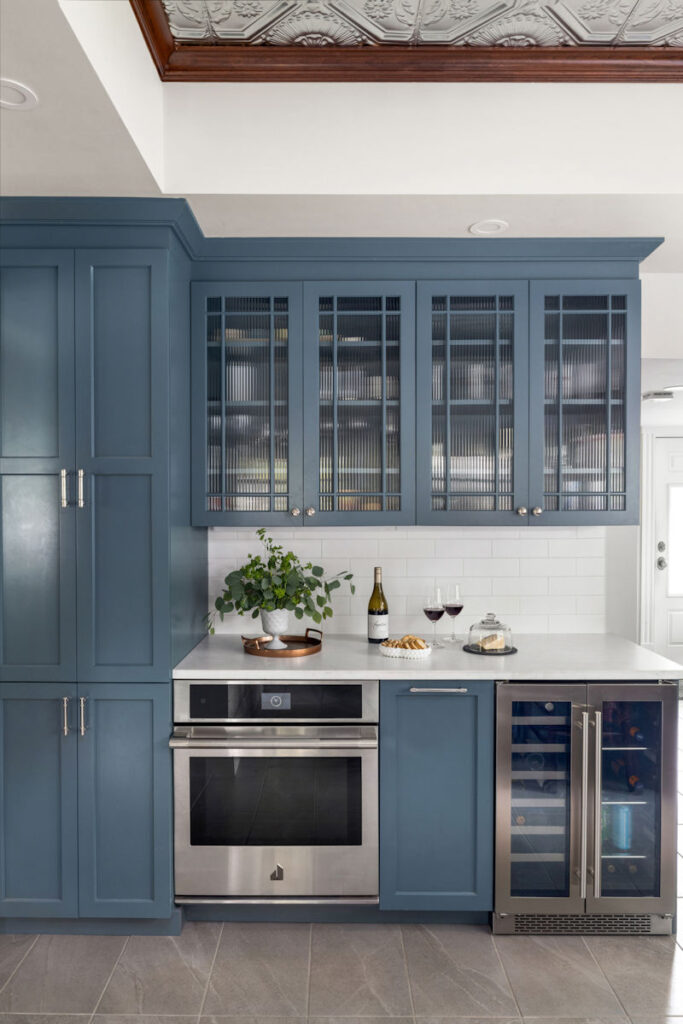 Melrose Victorian Kitchen Remodel Beverage Center Blue Cabinets