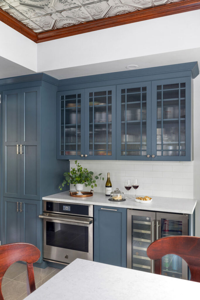 Melrose Victorian Kitchen Remodel Blue Cabinetry Beverage Center