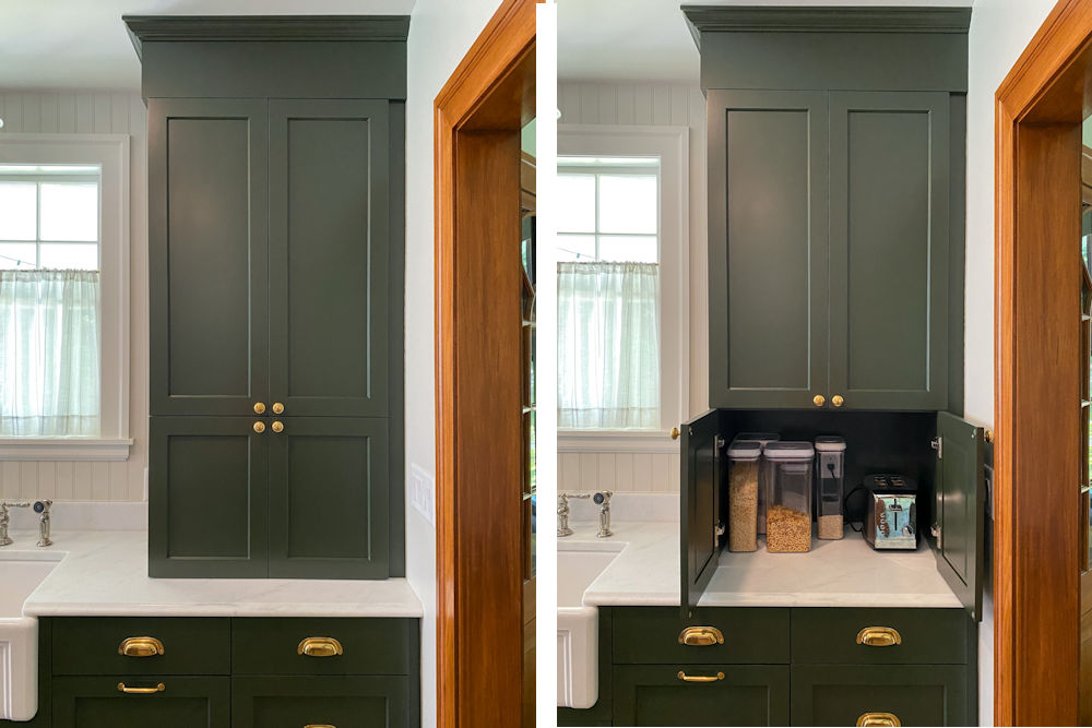 Melrose Kitchen Design with olive green cabinets and a walnut island pantry cabinet