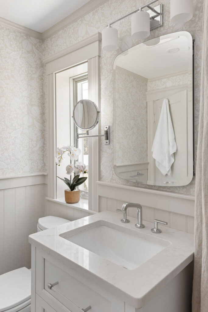Malden Bathroom Design and Remodel with white vanity and Rifle Paper Co. Second Edition wallpaper
