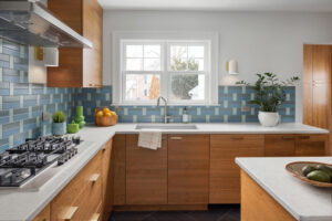 Medford Vintage Kitchen with cherry cabinets, paneled dishwasher, an island, quartz countertops, and a custom tile backsplash in shades of blue.
