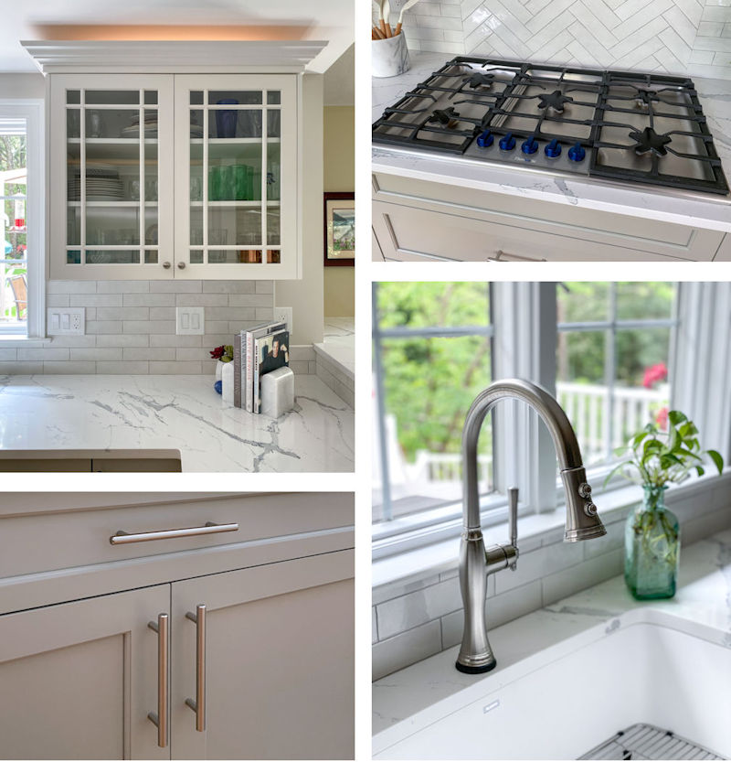 Kitchen remodel details with white and gray cabinets, quartz countertops, and white tile backsplash