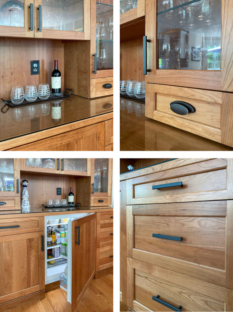 Bar cabinetry details, with built-in beverage refrigerator.