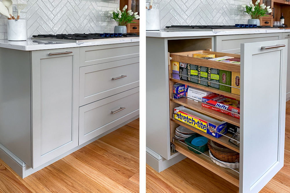 Light gray cabinetry with pullout spice cabinet