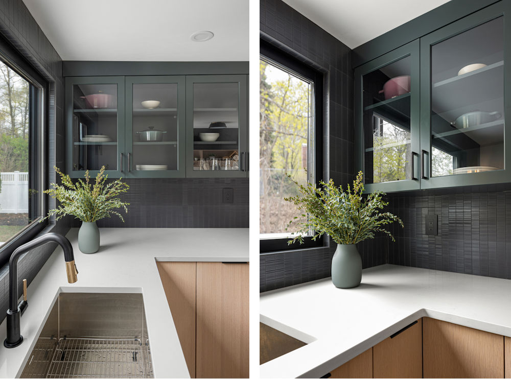 Modern Cape Kitchen with black tile backsplash, rift-sawn white oak and hunter green cabinetry, and quartz countertops