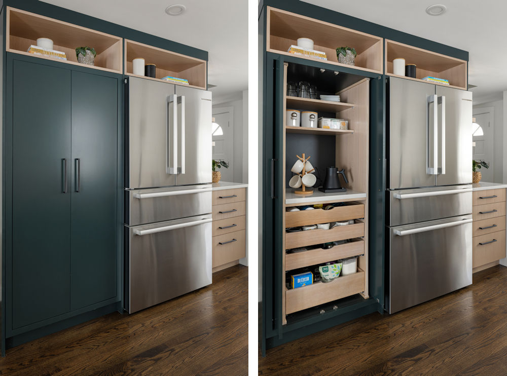 Modern Cape Kitchen beverage center pantry cabinet, with rift-sawn white oak and hunter green cabinetry and pullout drawers.