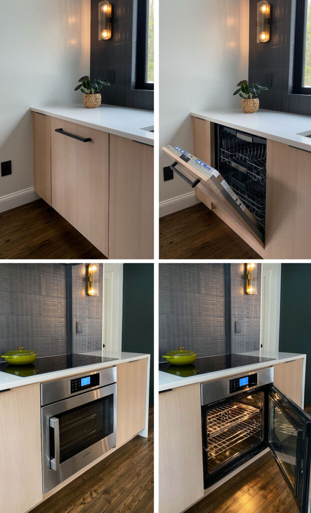 Modern Cape Kitchen with black tile backsplash, rift-sawn white oak cabinetry, paneled dishwasher, and induction oven.