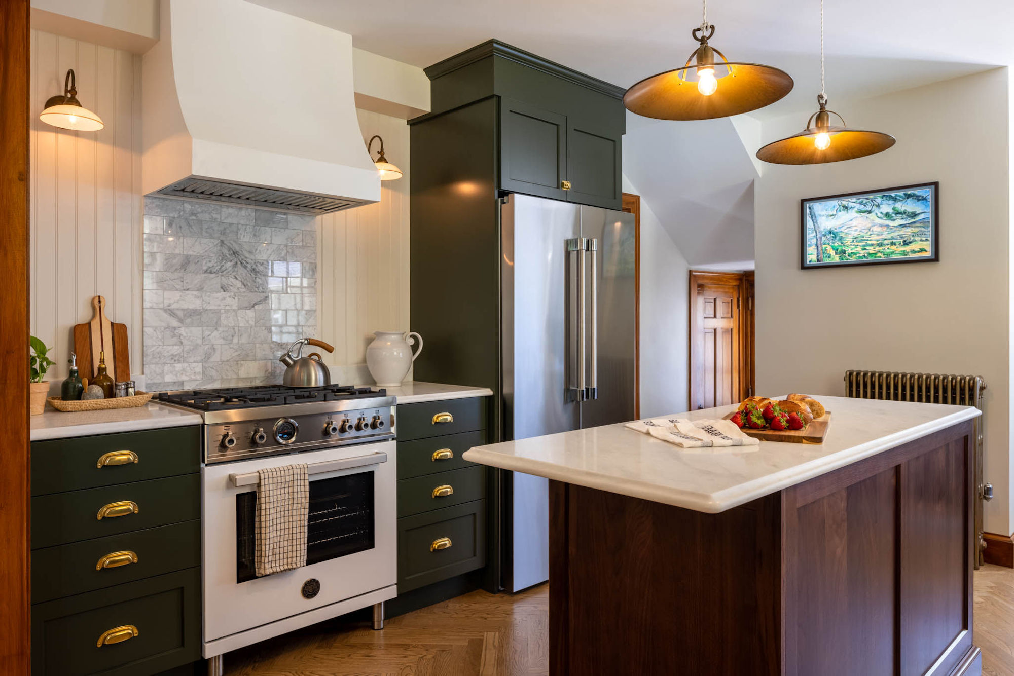Melrose kitchen design and remodel with olive green and walnut cabinets