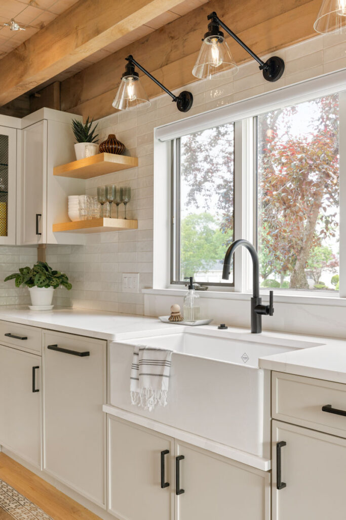 Kitchen Design and Remodeling Project Post and Beam Kitchen in Peabody MA with fireclay sink