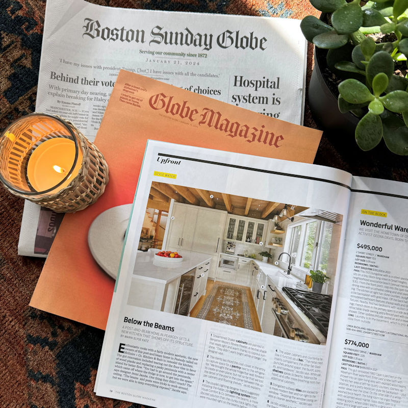Boston Globe Style Watch Article - McGuire + Co. Kitchen & Bath - Kitchen Remodeling Project in Peabody in Post and Beam Kitchen