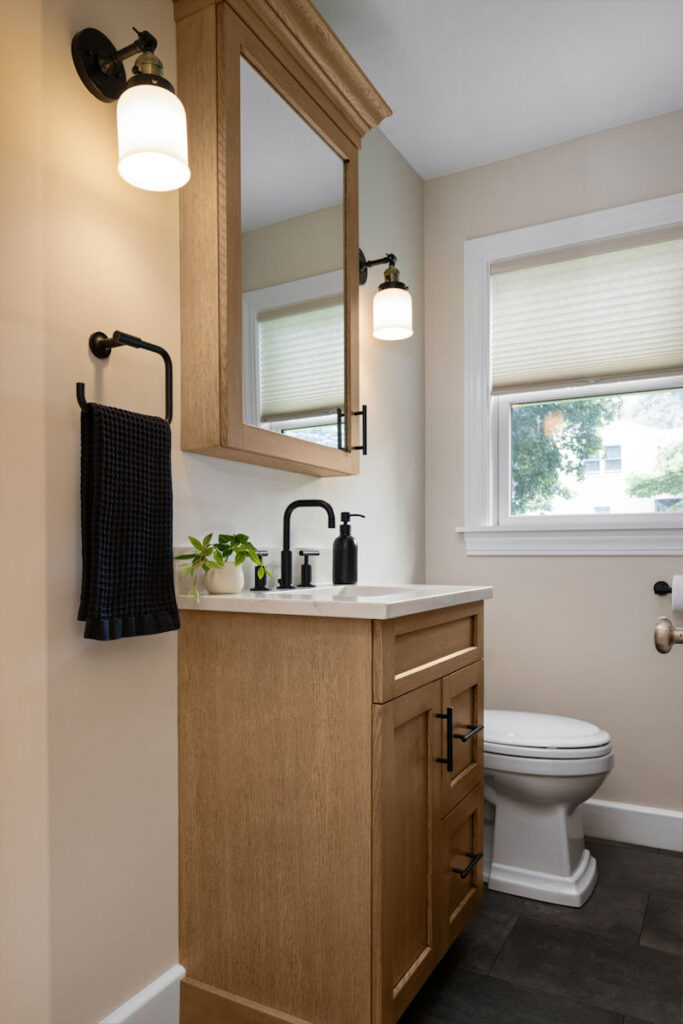 Stoneham home remodeling project bathroom design and remodel with white oak vanity and medicine cabinet