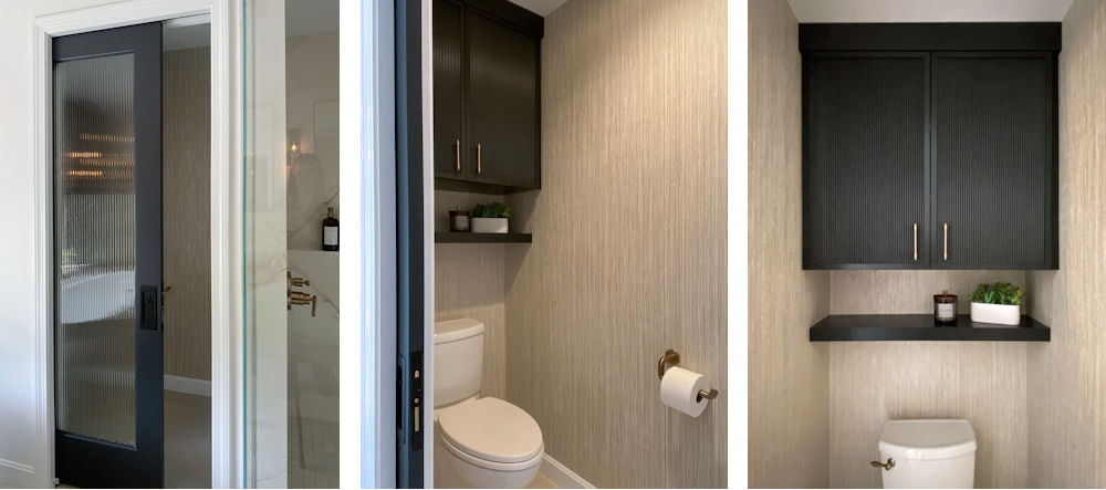 Luxury Bathroom Design and Remodel in Stoneham with private water closet with reeded glass door