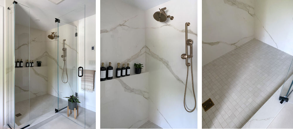 Luxury Bathroom Design and Remodel in Stoneham with custom walk-in shower full height porcelain slabs