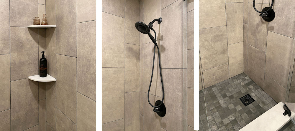 Stoneham home remodeling project bathroom design and remodel custom shower with neutral tile and matte black fixtures