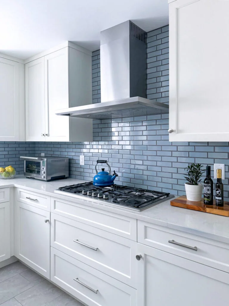 Wakefield kitchen remodel with blue tile backsplash - McGuire + Co Kitchen & Bath - Wakefield MA