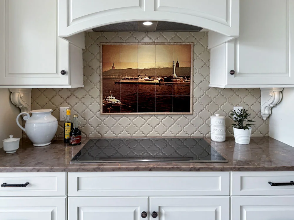 Custom tile backsplash with image of Sicily in kitchen remodel in Stoneham MA