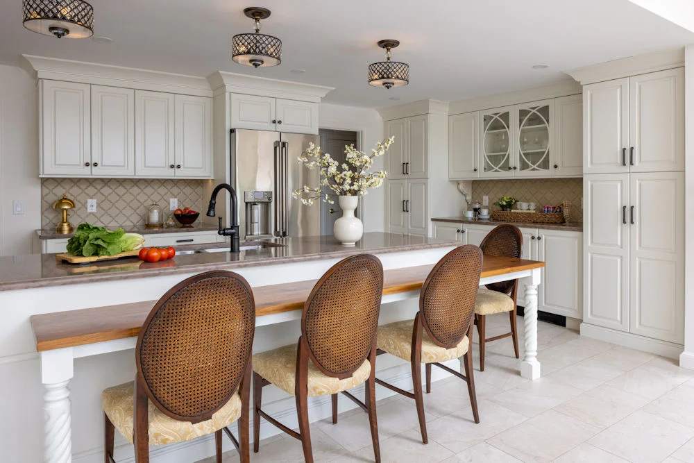 Kitchen design-build remodel in Stoneham MA with a walnut table-height countertop