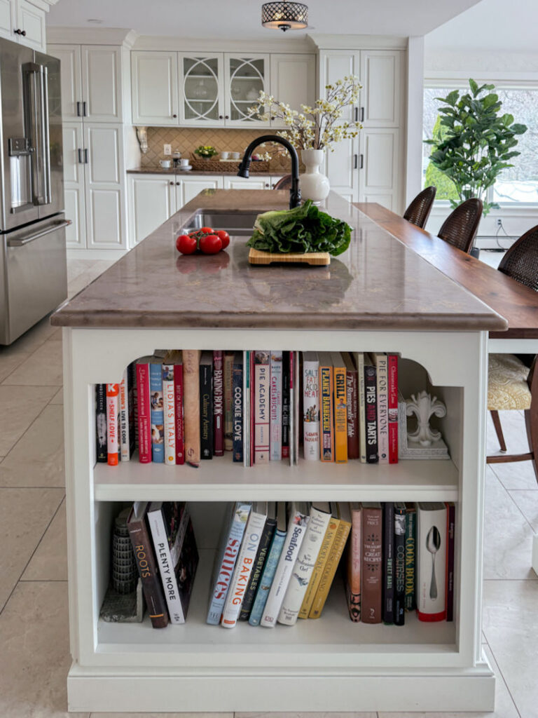 Kitchen design-build remodel in Stoneham MA built-in cookbook shelving