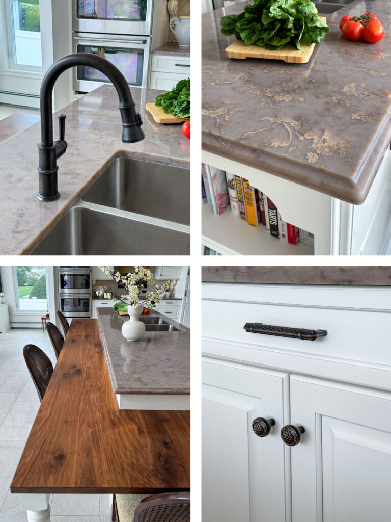 Kitchen design-build remodel in Stoneham MA details with oil rubbed bronze faucet,, quartz countertop, and walnut dining top