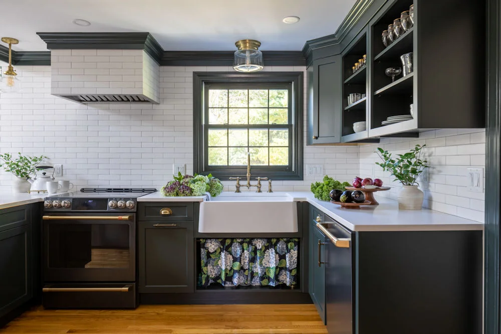 Wakefield kitchen remodel with green cabinetry and apron sink