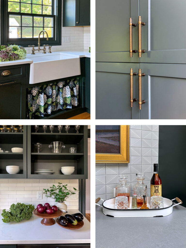 Wakefield kitchen remodel with green cabinetry and apron sink with textured tile backsplash