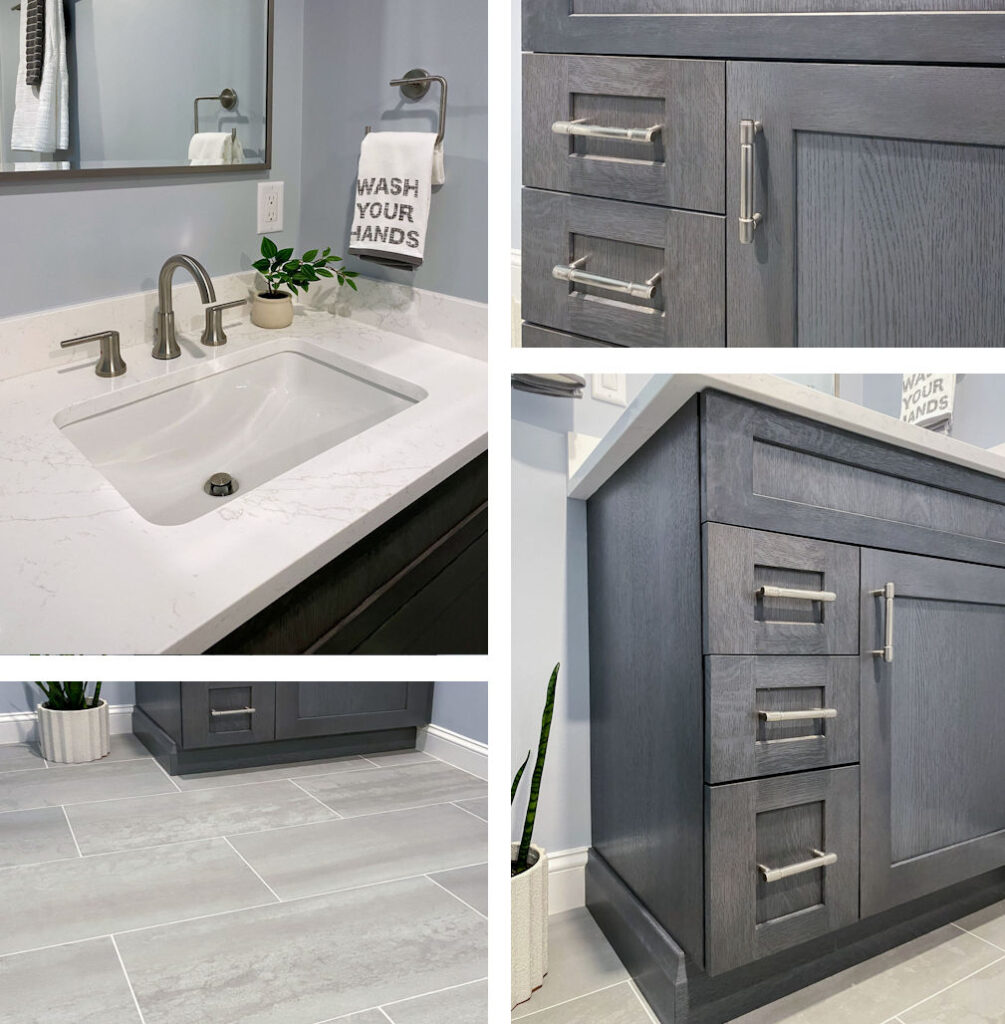 Basement bathroom remodel in Wakefield MA with charcoal gray vanity, quartz countertop, and large format textured floor tile.