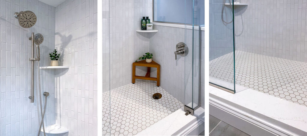 Basement bathroom remodel in Wakefield MA with custom shower with horizontal textured subway wall tile and hexagon shower floor tile