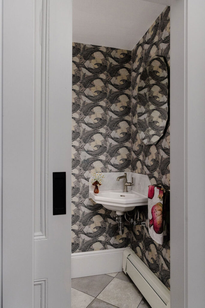 scullery design build remodel in wakefield ma - powder room powder room with koi fish wallpaper and corner sink