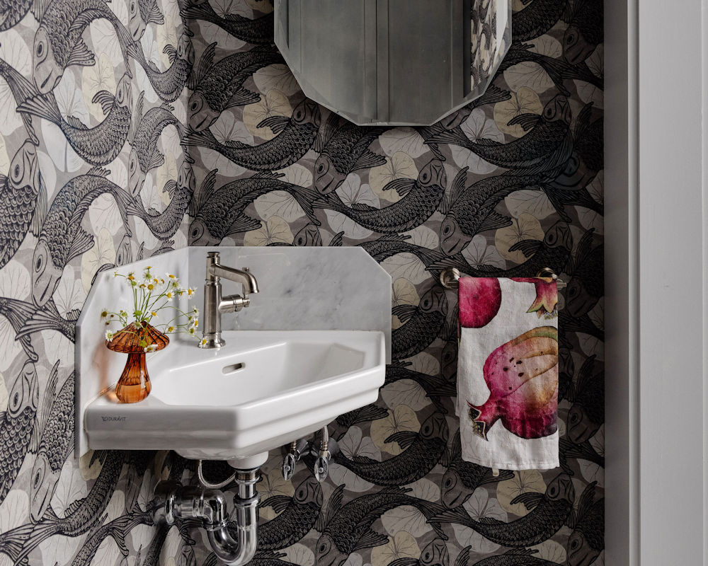 scullery design build remodel in wakefield ma - powder room with koi fish wallpaper and corner sink