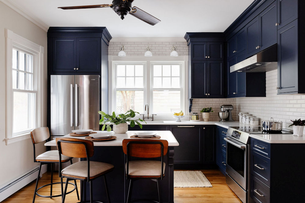Wakefield victorian kitchen remodel design build project with navy blue cabinetry