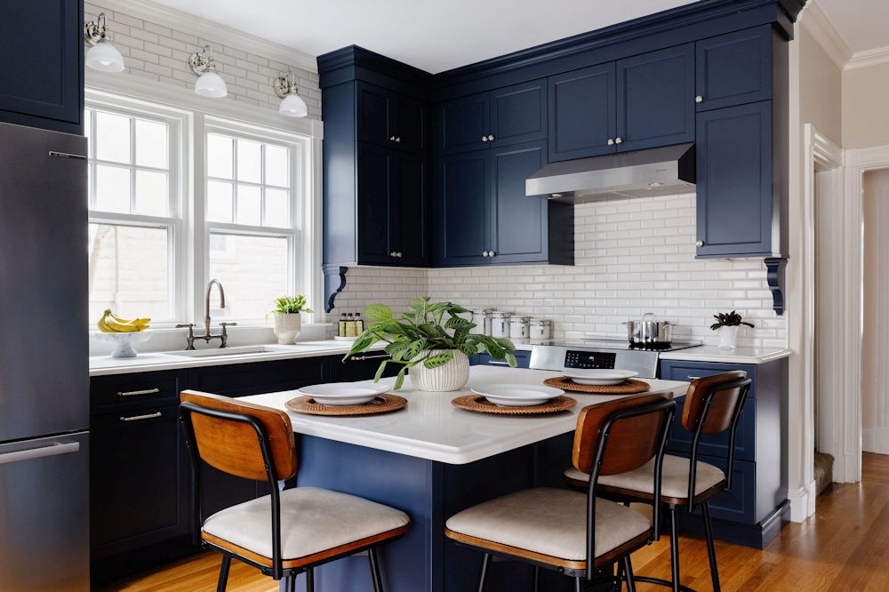 Wakefield victorian kitchen remodel design build project with navy blue cabinetry and white subway tile backsplash
