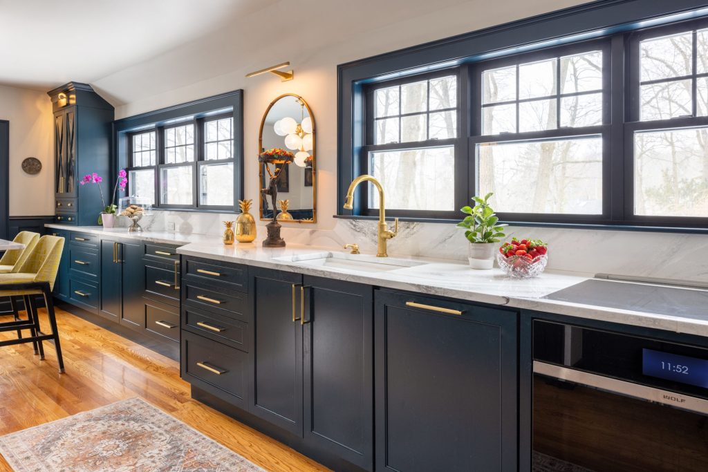 Melrose kitchen design-build remodel with deep blue cabinety and quartz countertop