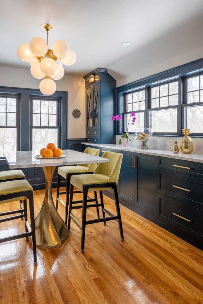 Melrose design-build kitchen and dining area remodel with deep blue cabinety and quartz countertop