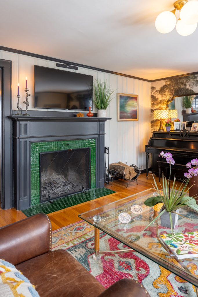 Melrose fireplace design with new mantel and tile surround