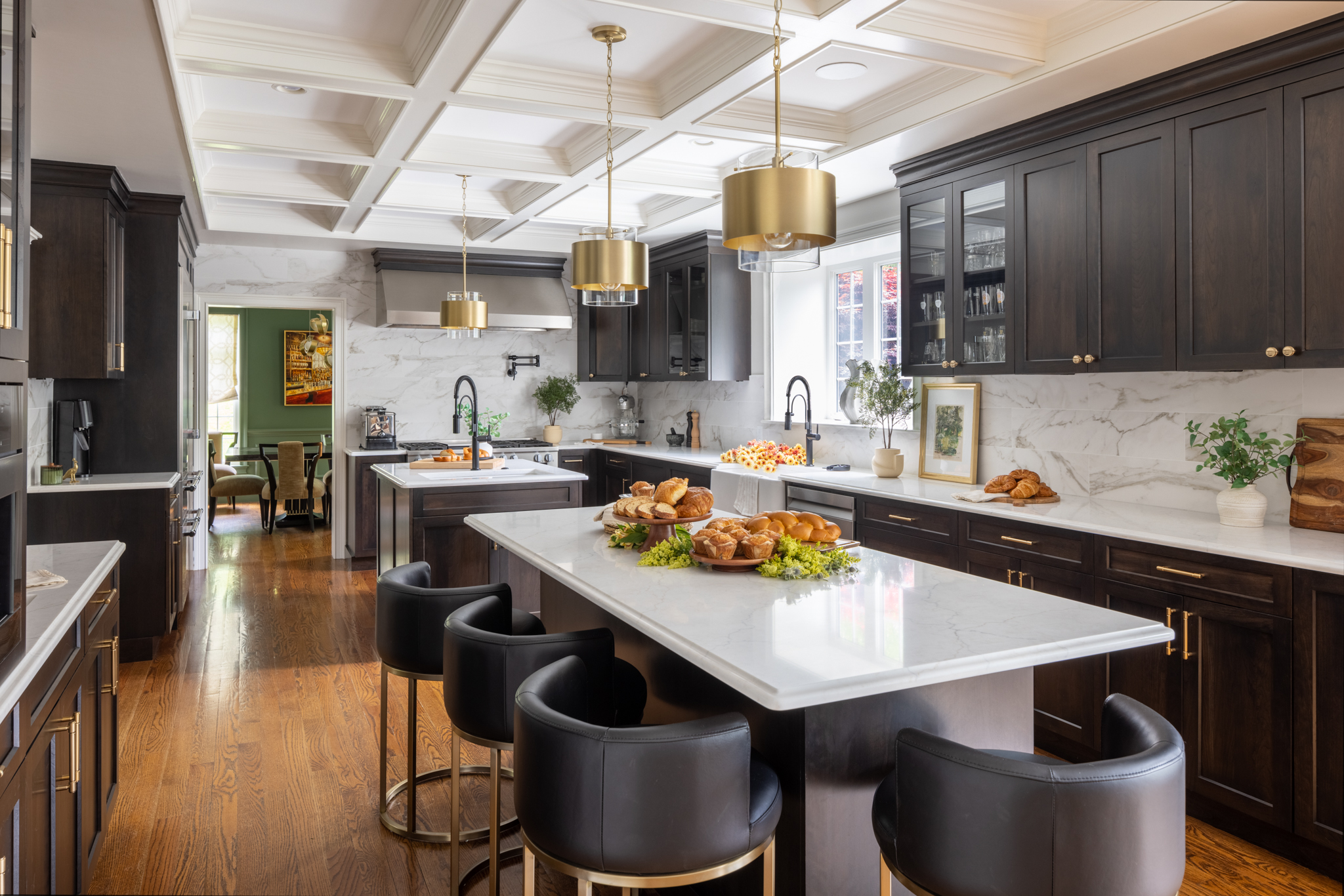 Winchester Kitchen Remodel with Tedd Wood cherry wood species with onyx stained finish, MSI Miraggio Duo Quartz countertops, premium appliances, coffee station, bar area, and mixed metal hardware.